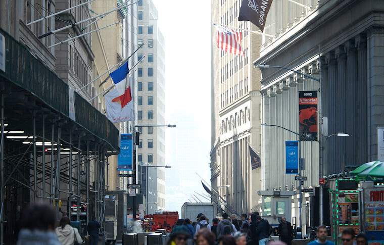 Busy street in Lower Manhattan with people
