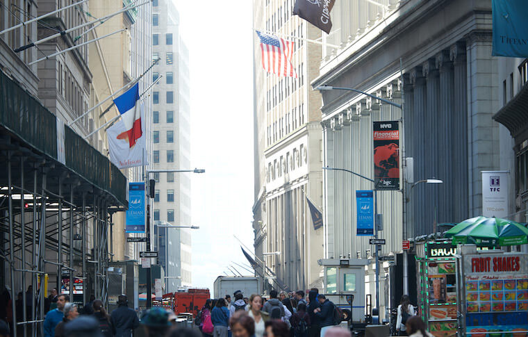 Buildings and people in busy Downtown New York